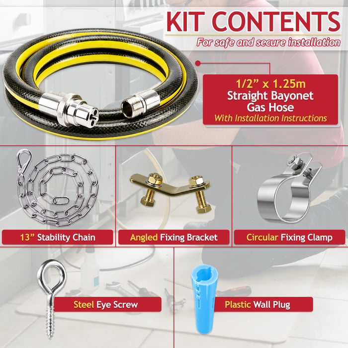 Straight Bayonet Gas Supply Hose Pipe + Safety Chain Kit for Oven Cookers (1.25m x 1/2" BSP, EN 14800 Approved)