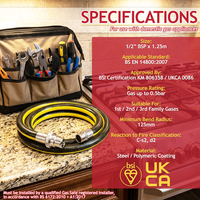 Straight Bayonet Gas Supply Hose Pipe + Safety Chain Kit for Oven Cookers (1.25m x 1/2" BSP, EN 14800 Approved)