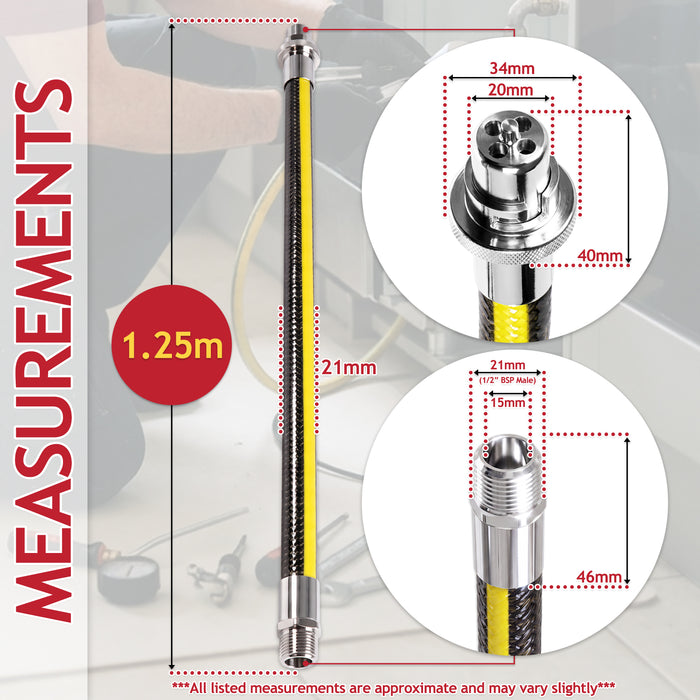 Straight Bayonet Gas Supply Hose Pipe + Safety Chain Kit for Oven Cookers (1.25m x 1/2" BSP, EN 14800 Approved)
