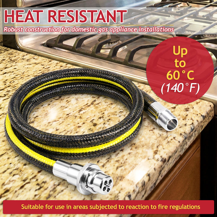 Straight Bayonet Gas Supply Hose Pipe + Socket + PTFE Tape Kit for Oven Cookers (1.25m x 1/2" BSP, EN 14800 Approved)