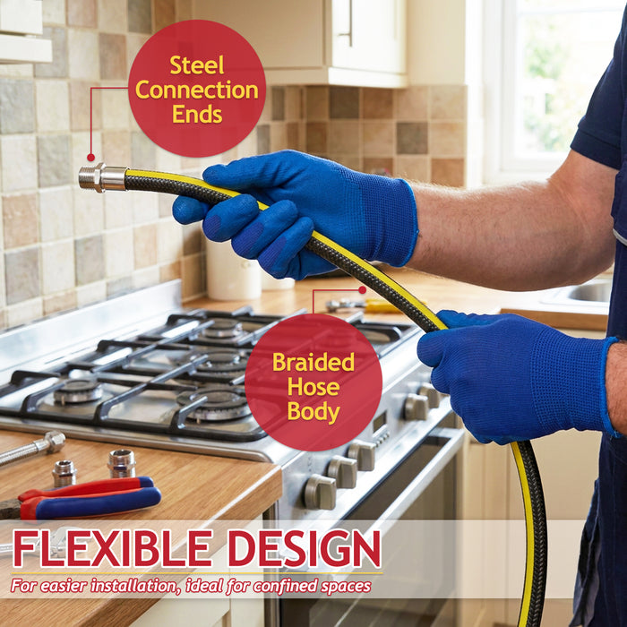 Straight Bayonet Gas Supply Hose Pipe + Socket + PTFE Tape Kit for Oven Cookers (1.25m x 1/2" BSP, EN 14800 Approved)