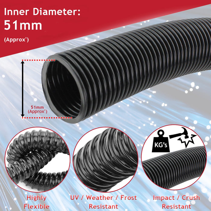 51mm Cable Conduit Flexible Tube Tidy Sleeving Organiser Black 10m