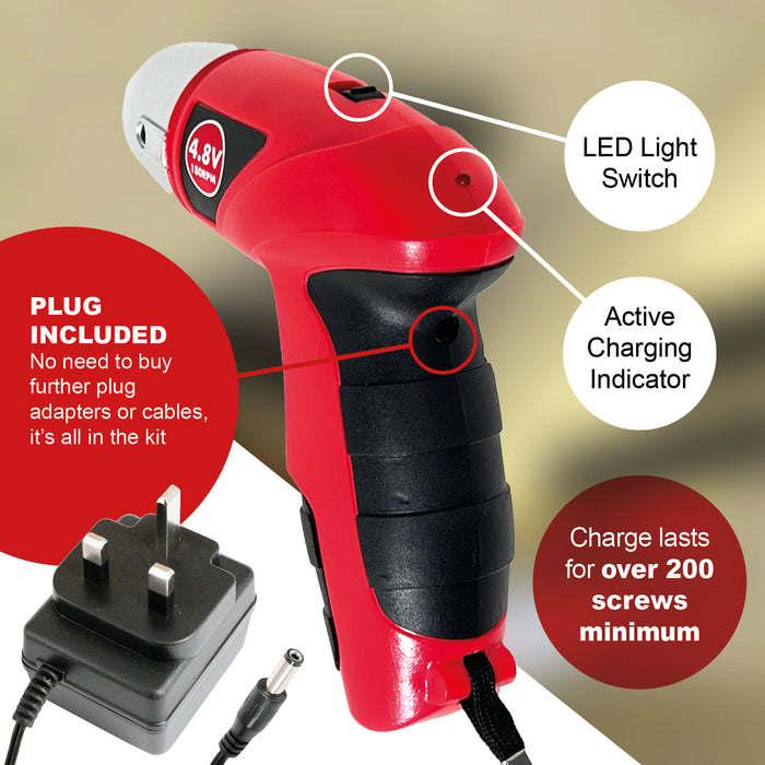 SPARES2GO 4.8v Cordless Rechargeable Electric Screwdriver Combi Drill & Bit Set