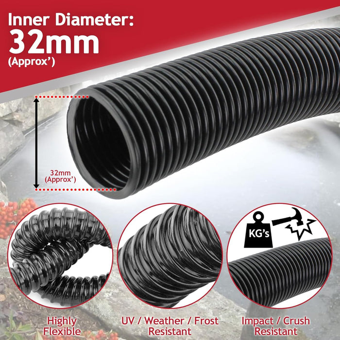 Corrugated Flexible Garden Fish Pond Marine Boat Hose Tube Pipe + 2 Clamp Clips (5m Length x 32mm Diameter)