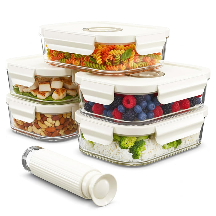 Vacuum Food Storage Glass Containers with Securing Clips Lid (Pack of 5, Small, 630ml) + Manual Sealing Pump