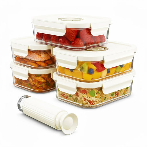 Vacuum Food Storage Glass Containers with Securing Clips Lids (Pack of 5, Large, 1480ml) + Manual Sealing Pump