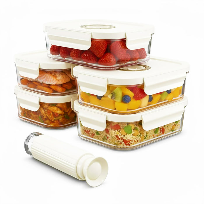 Vacuum Food Storage Glass Containers with Securing Clips Lids (Pack of 5, Large, 1480ml) + Manual Sealing Pump