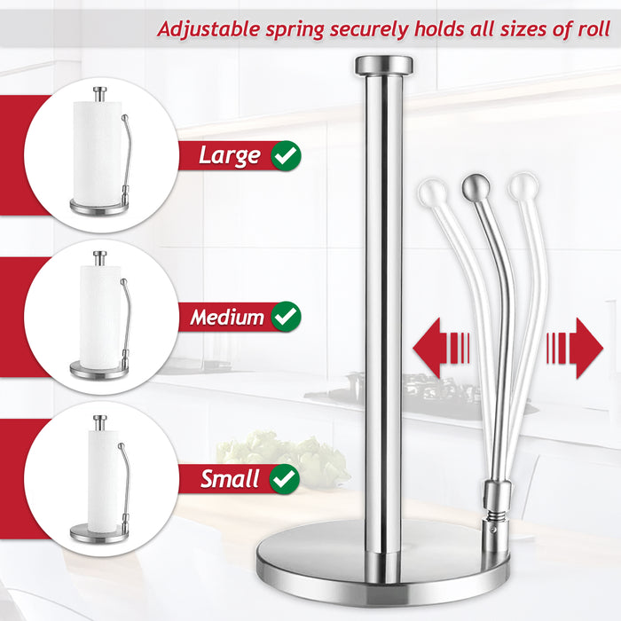Kitchen Roll Holder Weighted Base Stainless Steel Paper Towel Stand with Spring Tension Arm (Silver)