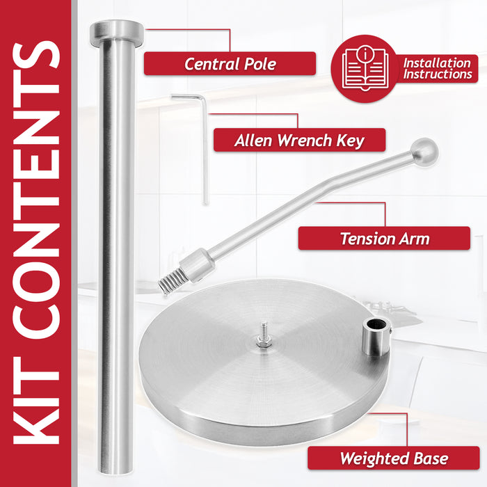 Kitchen Roll Holder Weighted Base Stainless Steel Paper Towel Stand with Spring Tension Arm (Silver)