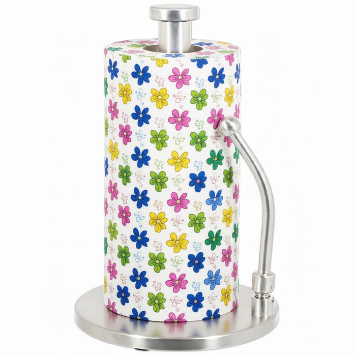 Kitchen Roll Holder Weighted Base Stainless Steel Paper Towel Stand with Spring Tension Arm (Silver)