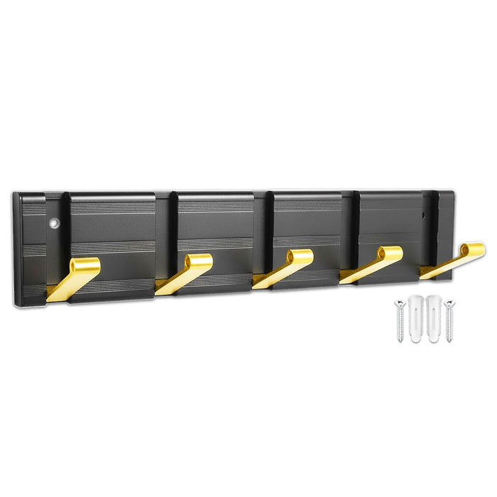 Luxury Wall Mounted Coat Rack 5 Hooks Aluminium Retractable Hanging Hook Rail (Black + Gold)