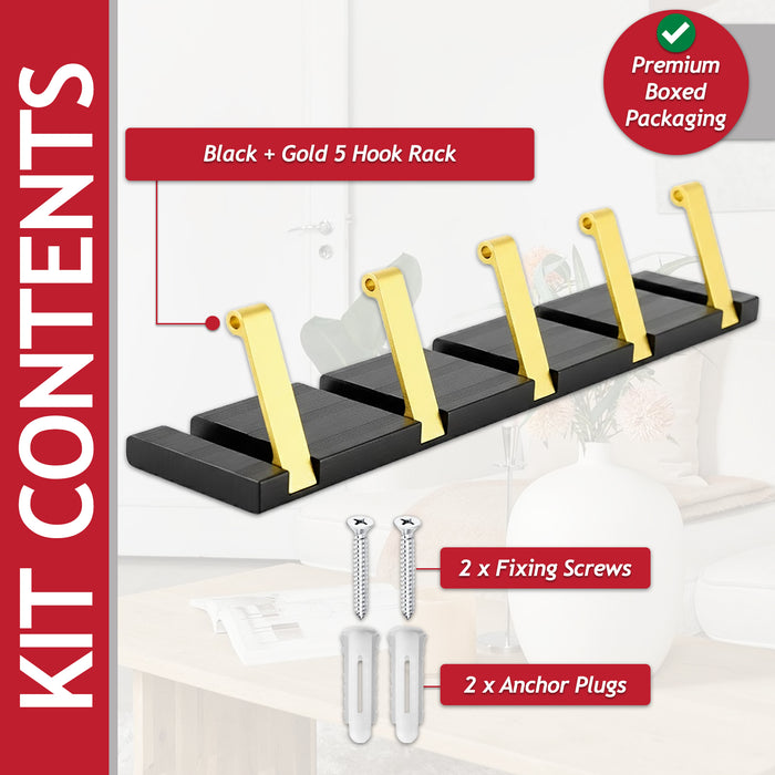 Luxury Wall Mounted Coat Rack 5 Hooks Aluminium Retractable Hanging Hook Rail (Black + Gold)