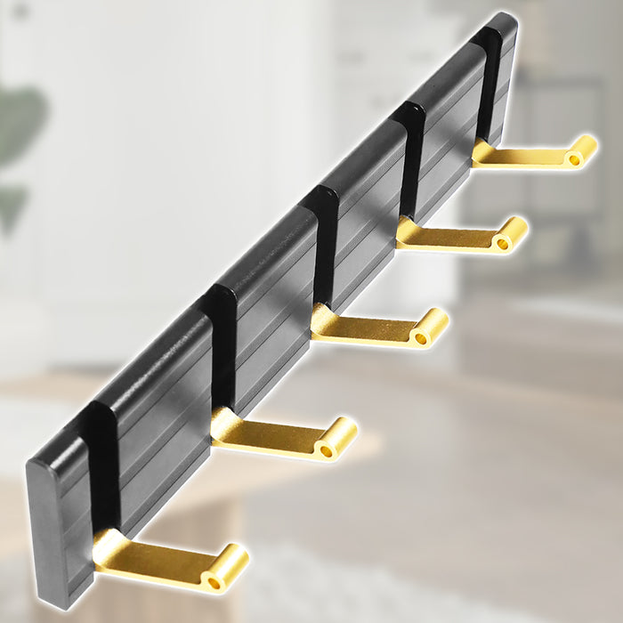 Luxury Wall Mounted Coat Rack 5 Hooks Aluminium Retractable Hanging Hook Rail (Black + Gold)