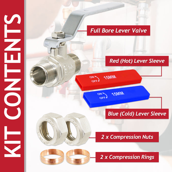 Full Bore Lever Ball Valve Isolating Stop Tap Kit with Blue (Cold) and Red (Hot) Handle Sleeves (15mm)