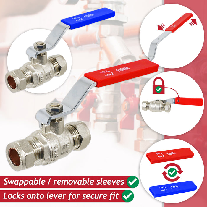 Full Bore Lever Ball Valve Isolating Stop Tap Kit with Blue (Cold) and Red (Hot) Handle Sleeves (15mm)