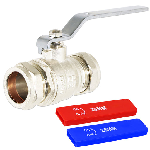 Full Bore Lever Ball Valve Isolating Stop Tap Kit with Blue (Cold) and Red (Hot) Handle Sleeves (28mm)