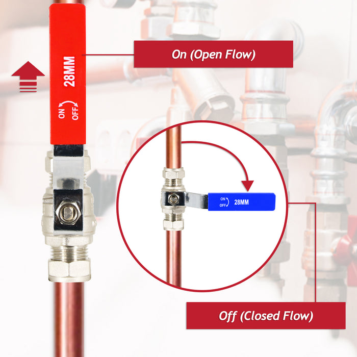 Full Bore Lever Ball Valve Isolating Stop Tap Kit with Blue (Cold) and Red (Hot) Handle Sleeves (28mm)