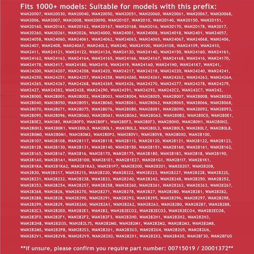 List of model numbers on a red background