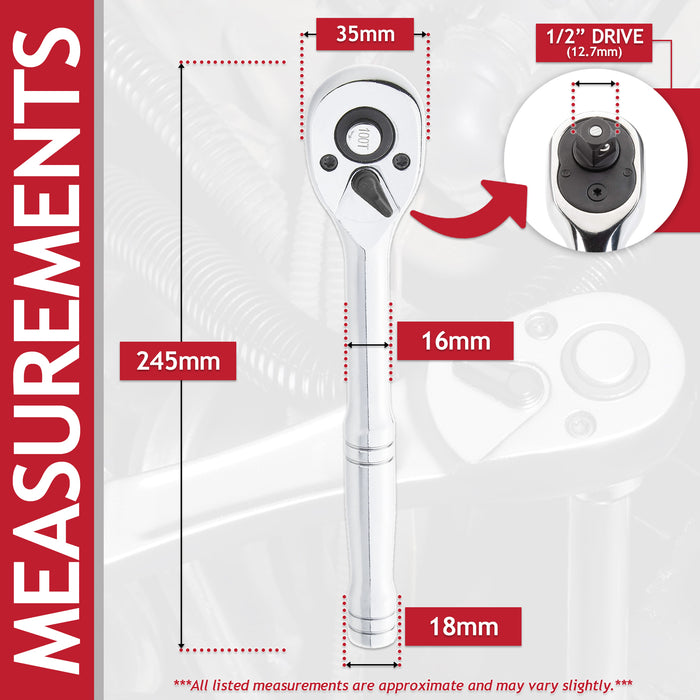 1/2" Socket Ratchet Square Drive 100 Teeth Quick Release Reversible Chrome Vanadium Steel Tool