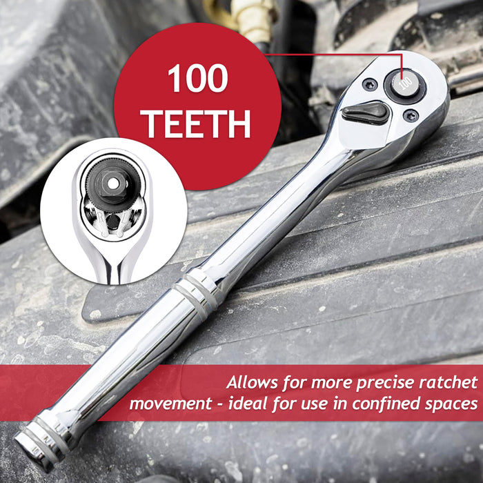 1/2" Socket Ratchet Square Drive 100 Teeth Quick Release Reversible Chrome Vanadium Steel Tool
