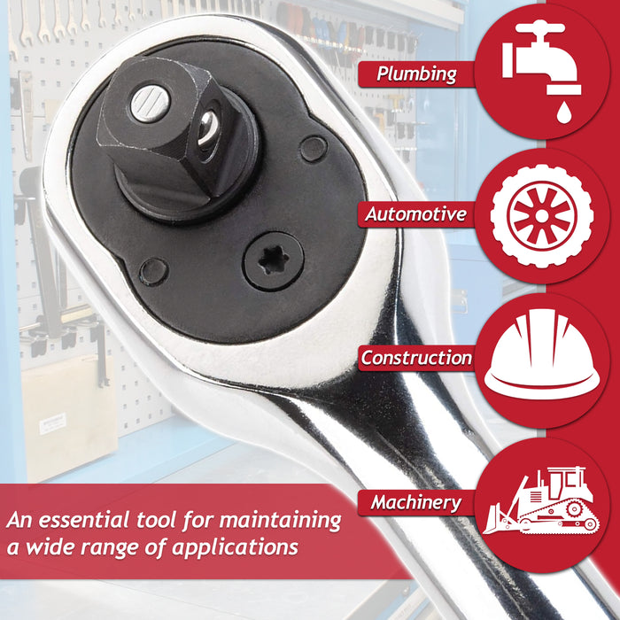1/2" Socket Ratchet Square Drive 100 Teeth Quick Release Reversible Chrome Vanadium Steel Tool