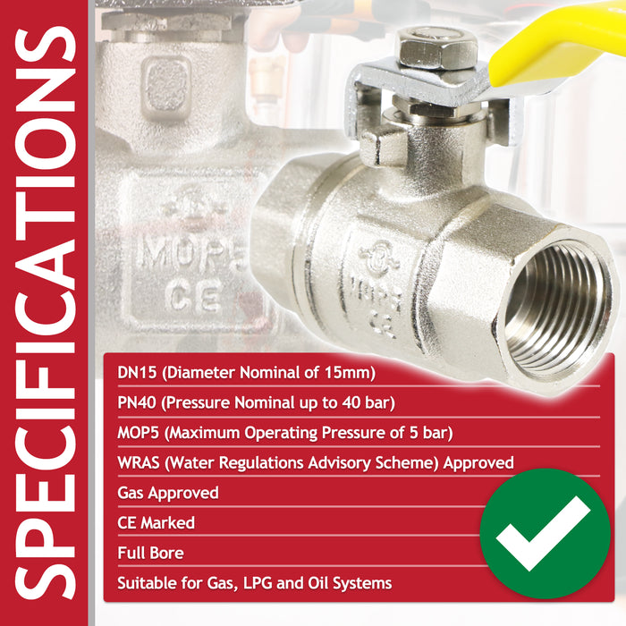 Gas Lever Ball Valve Full Bore PN40 Brass On Off Female x Female Yellow Handle Safety Isolator (1/2")