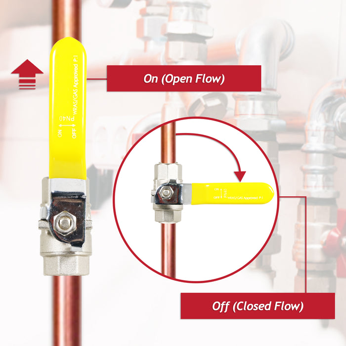 Gas Lever Ball Valve Full Bore PN40 Brass On Off Female x Female Yellow Handle Safety Isolator (1/2")