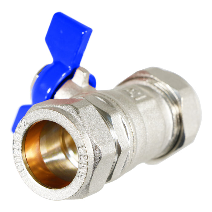 Butterfly Lever Compression Ball Valve Quarter Turn Water Isolation Stop Kit (22mm, Blue Handle)