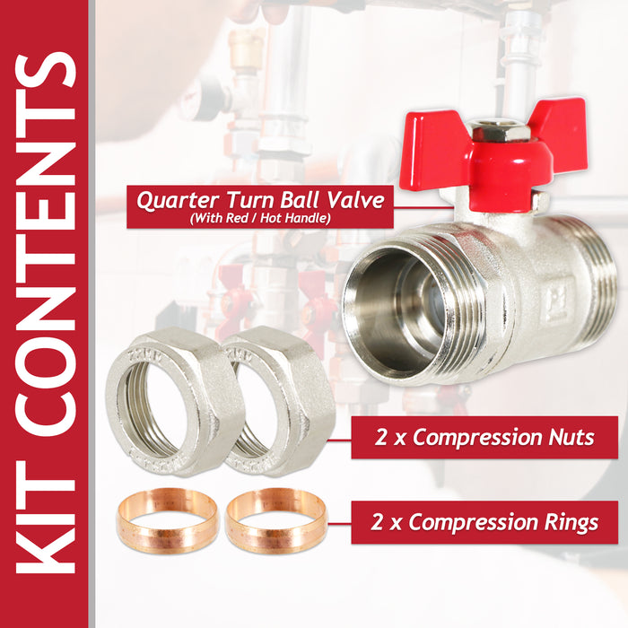 Butterfly Lever Compression Ball Valve Quarter Turn Water Isolation Stop Kit (22mm, Red Handle)