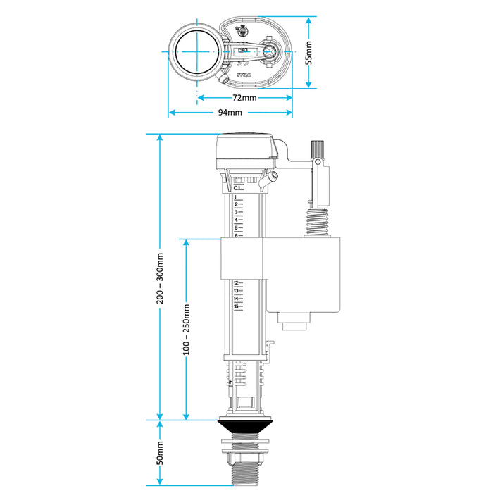 Toilet Cistern Fill Valve Universal 1/2" BSP Adjustable Water Float Inlet (Bottom Entry)
