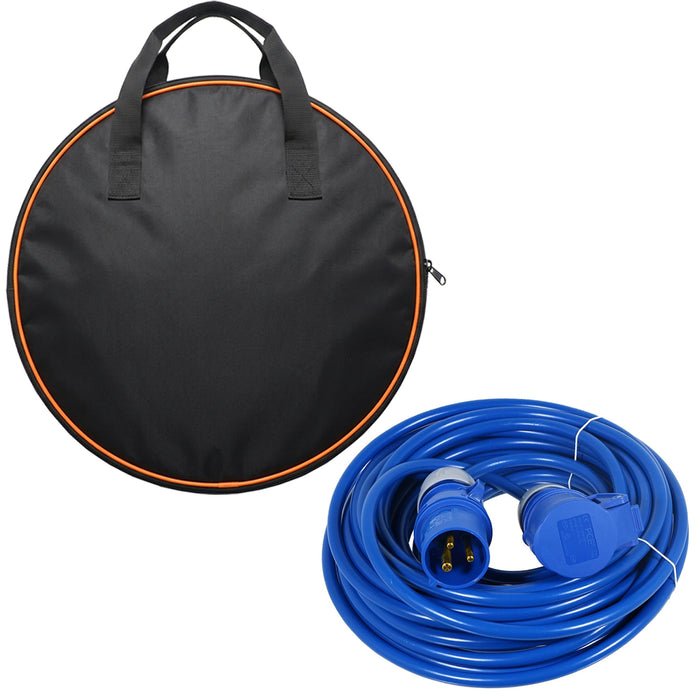 16A Extension Lead 14m 240V 1.5mm Extra Long Outdoor Construction Site Generator Power Cable (Blue) + Storage Bag
