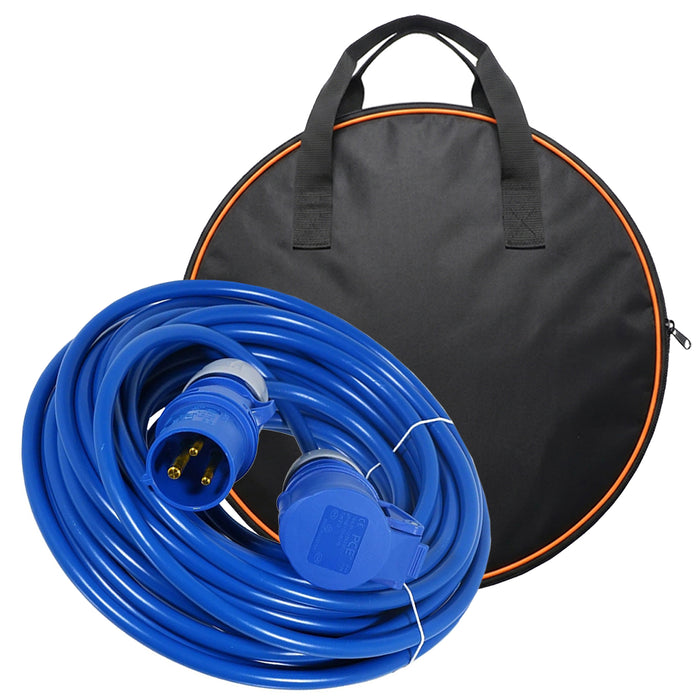 16A Extension Lead 14m 240V 1.5mm Extra Long Outdoor Construction Site Generator Power Cable (Blue) + Storage Bag