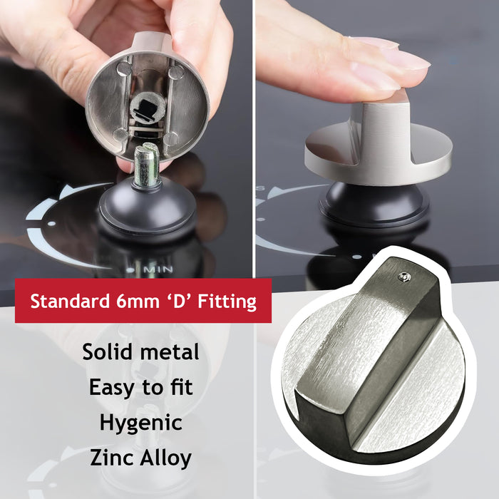 UNIVERSAL Metal Oven Knob Switch Silver Cooktop Stove Hob 6mm D Replacement x 4