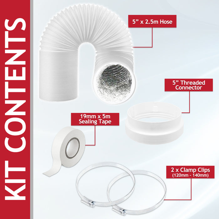 Universal HVAC Vent Hose PVC Aluminium Foil Insulated Duct Exhaust Outlet Pipe Connector Kit (5" x 2.5m)
