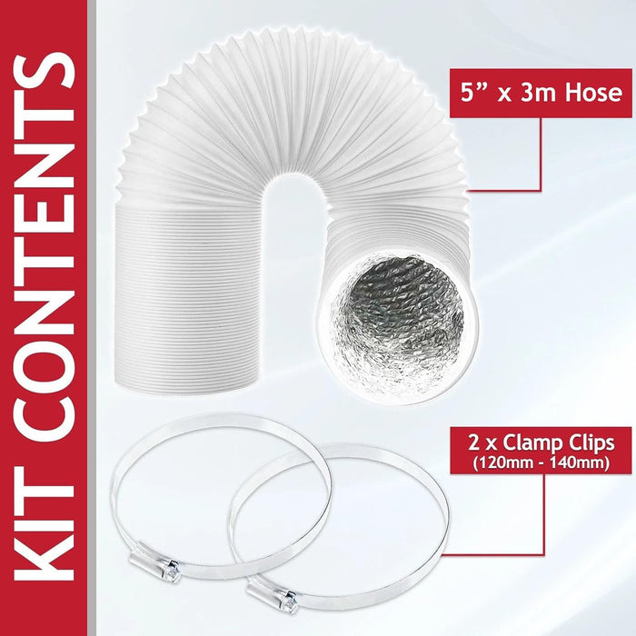 Vent Hose for Electriq Air Con Conditioner Conditioning 3m 5" AC Extension Pipe + Clips
