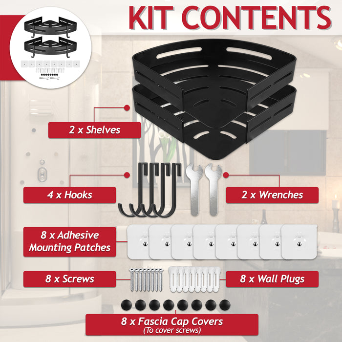 Luxury Shower Corner Shelf Storage Rack Bathroom Kitchen Bedroom Caddy Organiser (Matt Black, Pack of 2)