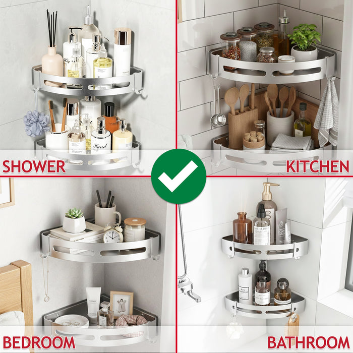 Luxury Shower Corner Shelf Storage Rack Bathroom Kitchen Bedroom Caddy Organiser (Brushed Silver)