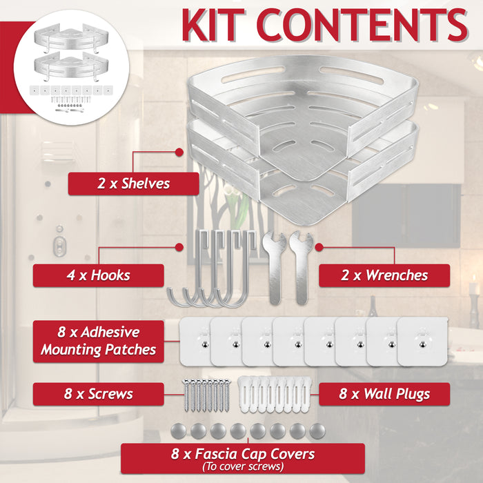Luxury Shower Corner Shelf Storage Rack Bathroom Kitchen Bedroom Caddy Organiser (Brushed Silver, Pack of 2)