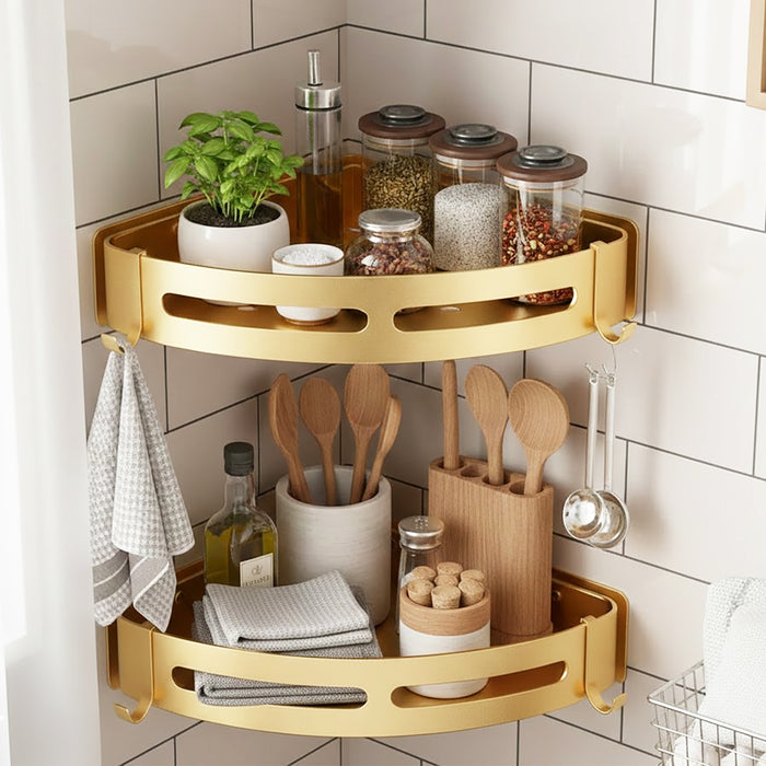 Luxury Shower Corner Shelf Storage Rack Bathroom Kitchen Bedroom Caddy Organiser (Brushed Gold, Pack of 2)