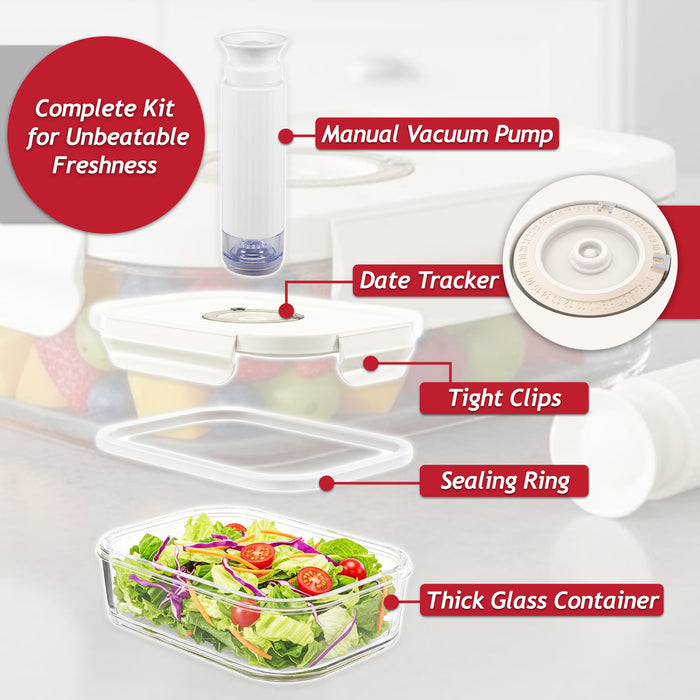 Vacuum Food Storage Glass Container with Securing Clips Lid + Manual Sealing Pump (Small, 630ml)