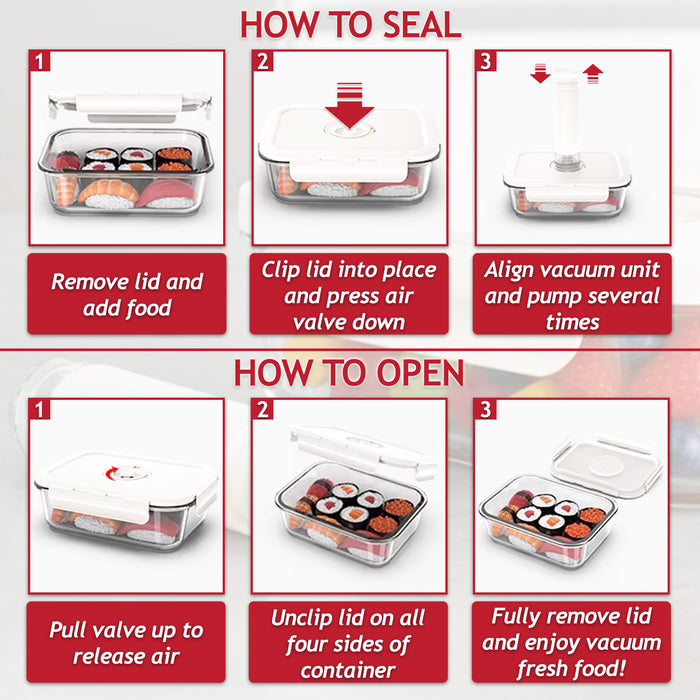 Vacuum Food Storage Glass Container with Securing Clips Lid + Manual Sealing Pump (Large, 1480ml)