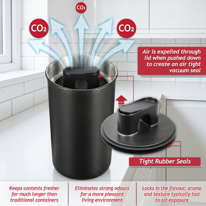 Airtight Coffee Canister Vacuum Seal Lid Stainless Steel Powder Coated Matt Black Storage Container Jar (Large, 1050ml Capacity)
