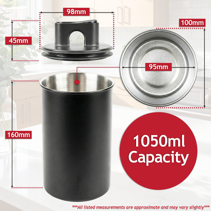 Airtight Coffee Canister Vacuum Seal Lid Stainless Steel Powder Coated Matt Black Storage Container Jar (Large, 1050ml Capacity)