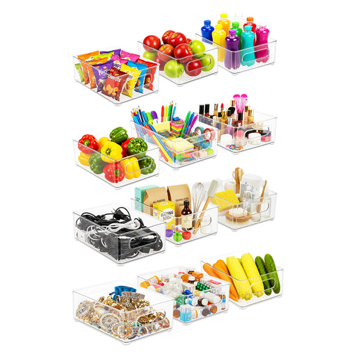 Storage Container Organiser Trays Clear Fridge Food Drink Pantry Cupboard Household Storing Drawers Small Medium Large Set (Pack of 12)