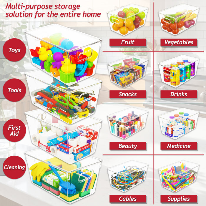Stackable Storage Container Organiser Box Trays with Lids Clear Fridge Food Drink Pantry Cupboard Household Storing Drawers Set (Pack of 4)