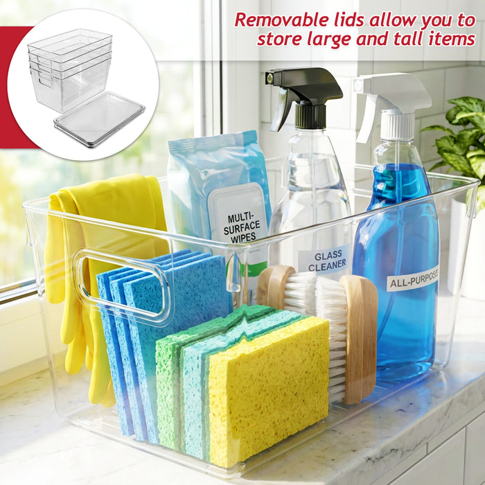 Stackable Storage Container Organiser Box Trays with Lids Clear Fridge Food Drink Pantry Cupboard Household Storing Drawers Set (Pack of 4)