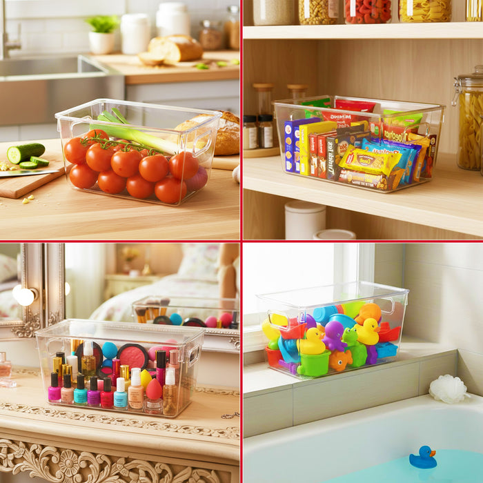 Stackable Storage Container Organiser Box Trays with Lids Clear Fridge Food Drink Pantry Cupboard Household Storing Drawers Set (Pack of 4)