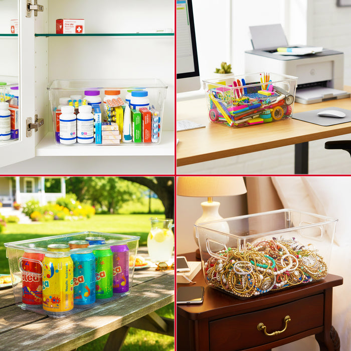 Stackable Storage Container Organiser Box Trays with Lids Clear Fridge Food Drink Pantry Cupboard Household Storing Drawers Set (Pack of 4)