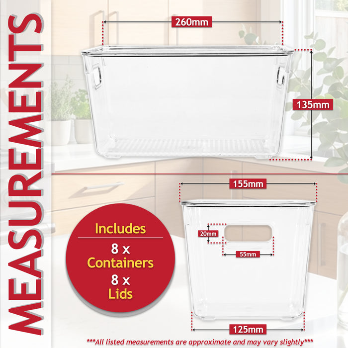 Stackable Storage Container Organiser Box Trays with Lids Clear Fridge Food Drink Pantry Cupboard Household Storing Drawers Set (Pack of 8)