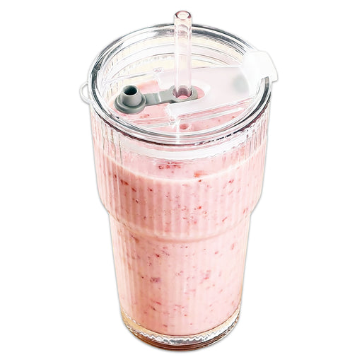 Glass Tumbler with Straw and Lid Thick Clear Ribbed 3-in-1 Cup (600ml Capacity)